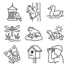 Park Wildlife Icons. Outline style icons of Park Wildlife: bird feeder, squirrel on tree, duck in pond, dragonfly near water,