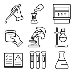 Obraz premium Safe Lab Icons. Outline style icons of Safe Lab Practices: pipette usage with gloves, chemical pouring with funnel, fume hood