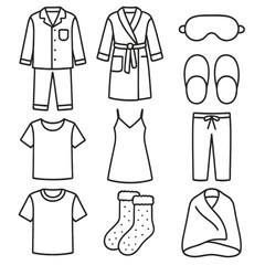 Sleepwear Icons Collection. Outline style icons of Sleepwear and Loungewear: pajamas, bathrobe, sleep mask, nightgown, slippers,
