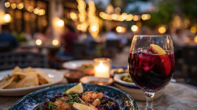 Experience a cozy night at a Spanish tapas bar with candlelit tables, vibrant sangria, and a lively social atmosphere.
