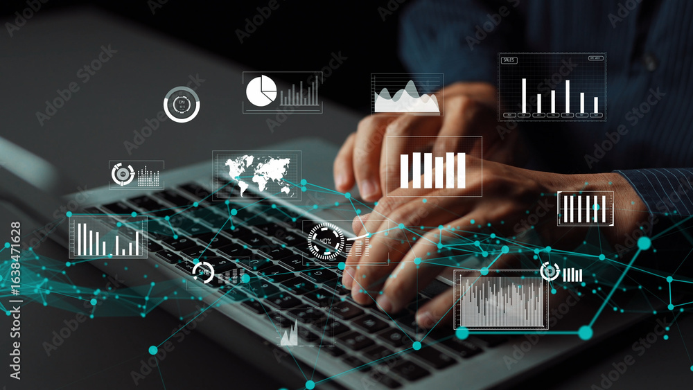 Poster a close-up view of hands typing on a laptop, surrounded by digital charts and graphs, showcasing dat