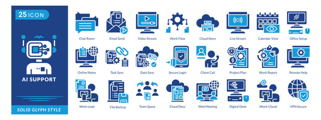 ai support icon set collection in solid glyph style. an icon pack contain team space, cloud docs, web meeting, digital desk, work cloud, vpn secure, file backup, work flow, cloud store