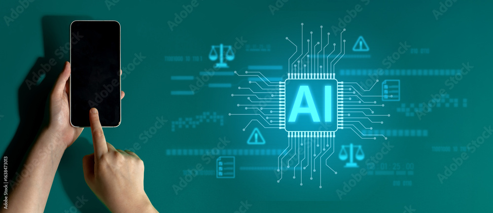 Poster ai circuit microchip with glowing blue lines, surrounded by legal scales, warning symbols, data shee