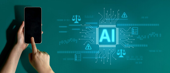 AI circuit microchip with glowing blue lines, surrounded by legal scales, warning symbols, data...