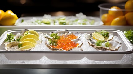 Fresh oysters with lemon and caviar served on ice platter