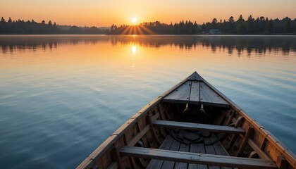 Obraz premium Wooden Canoe on Calm Lake at Sunset