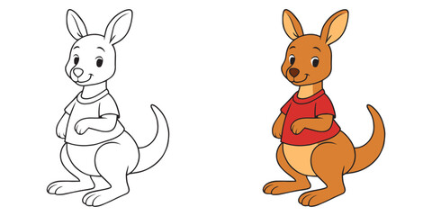 Coloring page of cute kangaroo wearing a shirt cartoon outline on a white background