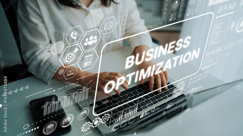 Poster business optimization strategy with digital interface and data analytics in modern work environment.