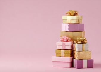 Obraz premium A stack of small, pastel-colored gift boxes, gold ribbons, and bows, arranged in a pyramid shape on a pale pink background