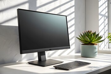 Fototapeta premium Modern Computer Monitor and Keyboard on Desk desktop computer screen