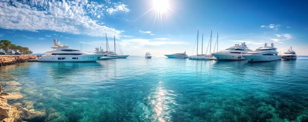 Luxury yachts are docked in a calm turquoise water harbor