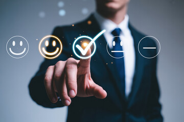 Interactive Customer Feedback Interface with Glowing Positive Selection on a Modern Touchscreen Device Display