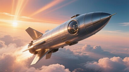 Obraz premium The rocket pierces through the glowing hues of a sunset sky, trailing flames and smoke as it soars upward, showcasing precision and power in its military design, 3d render