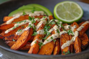 A serving of crispy avocado and sweet potato fries, drizzled with a zesty lime crema