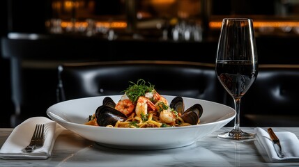 Elegant seafood pasta dish with shrimp and mussels on a table
