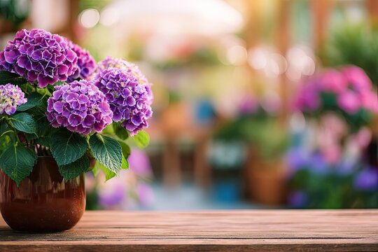 Purple hydrangeas in pot on wooden table, blurred background - Powered by Adobe