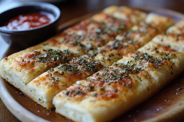 A serving of focaccia breadsticks, seasoned with garlic and herbs, served with marinara sauce