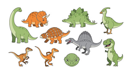 Prehistoric Pals: A vibrant assembly of diverse dinosaurs, each with distinct features and colors, create a playful prehistoric tableau.