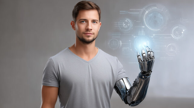 Man with Robotic Arm and Digital Holograms