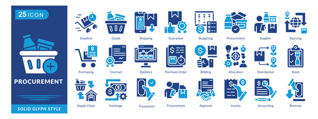 procurement icon set collection in solid glyph style. an icon pack contain distribution, stock, supply chain, exchange, approval, invoice, accounting, revenue, transaction