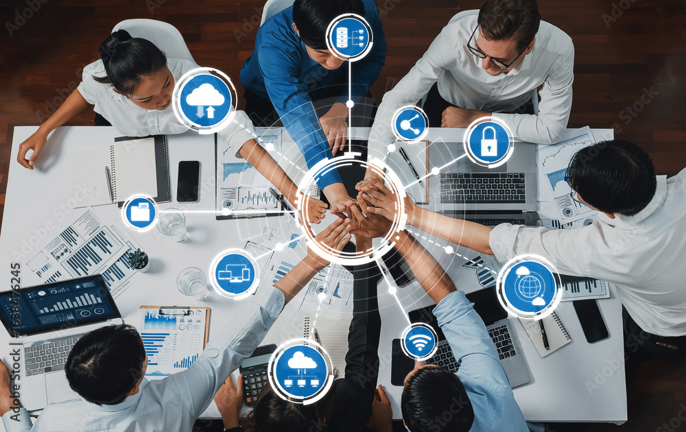 Poster a dynamic business meeting showcasing teamwork and collaboration around computing strategies, featur
