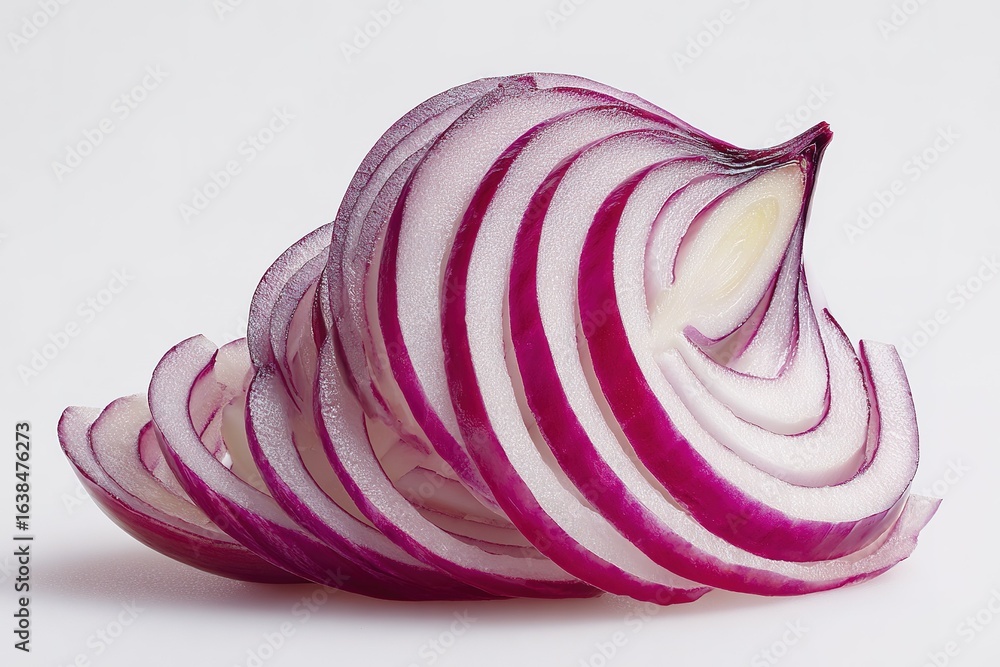 Poster freshly sliced red onion showcasing vibrant layers and texture on a clean white background for culin
