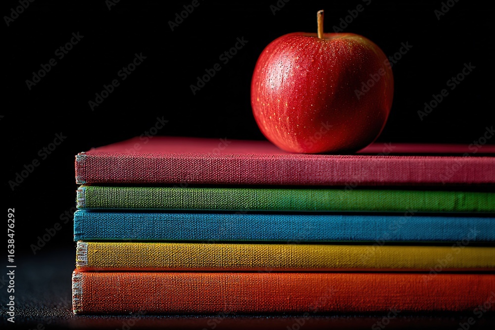 Poster bright red apple resting on a stack of colorful books against a dark background