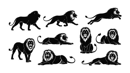 Lion Silhouette Collection: A collection of elegant lion silhouettes in various dynamic poses, perfect for design, offering a versatile aesthetic.