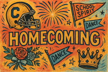 Homecoming event artwork with football helmet, festive flags, fireworks, crown, and roses in colorful hand drawn design for celebration