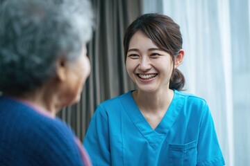 Fototapeta premium Healthcare worker engaging with elderly patient in a bright room during the day