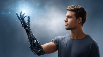 Young man with advanced robotic prosthetic arm