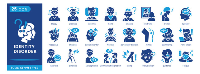 identity disorder icon set collection in solid glyph style. an icon pack contain sleepy, dizziness, insomnia, faint, amnesia, syndrome, tremor, epilepsy, obsessive, dyslexia