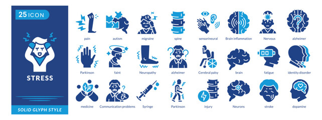 stress icon set collection in solid glyph style. an icon pack contain syringe, injury, neurons, stroke, dopamine, pain, autism, migraine, spine, sensorineural