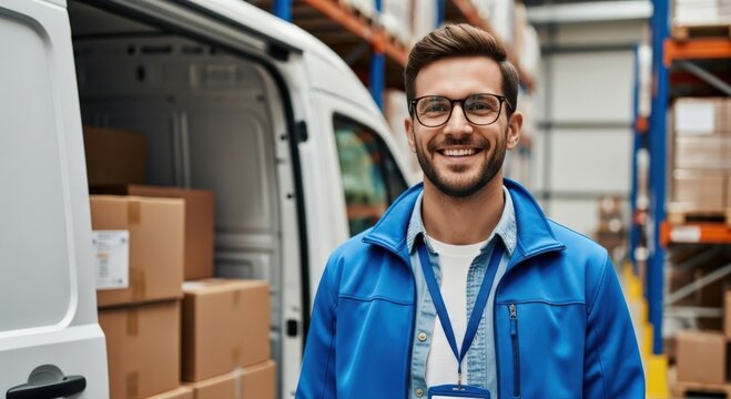 Happy delivery man with boxes in van, ready to work