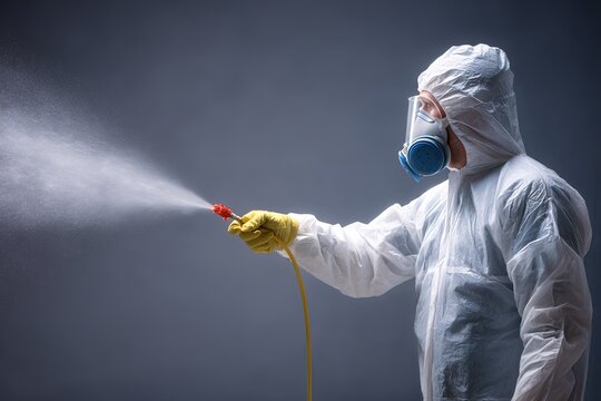 Professional in protective gear spraying disinfectant in a controlled environment during a cleaning operation