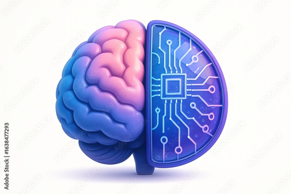 Poster innovative ai brain fusion blending organic thought with digital processing for futuristic technolog