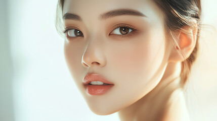 Asian beauty with subtle makeup, serene expression, white and beige tones, soft shadows, luxury beauty advertising style