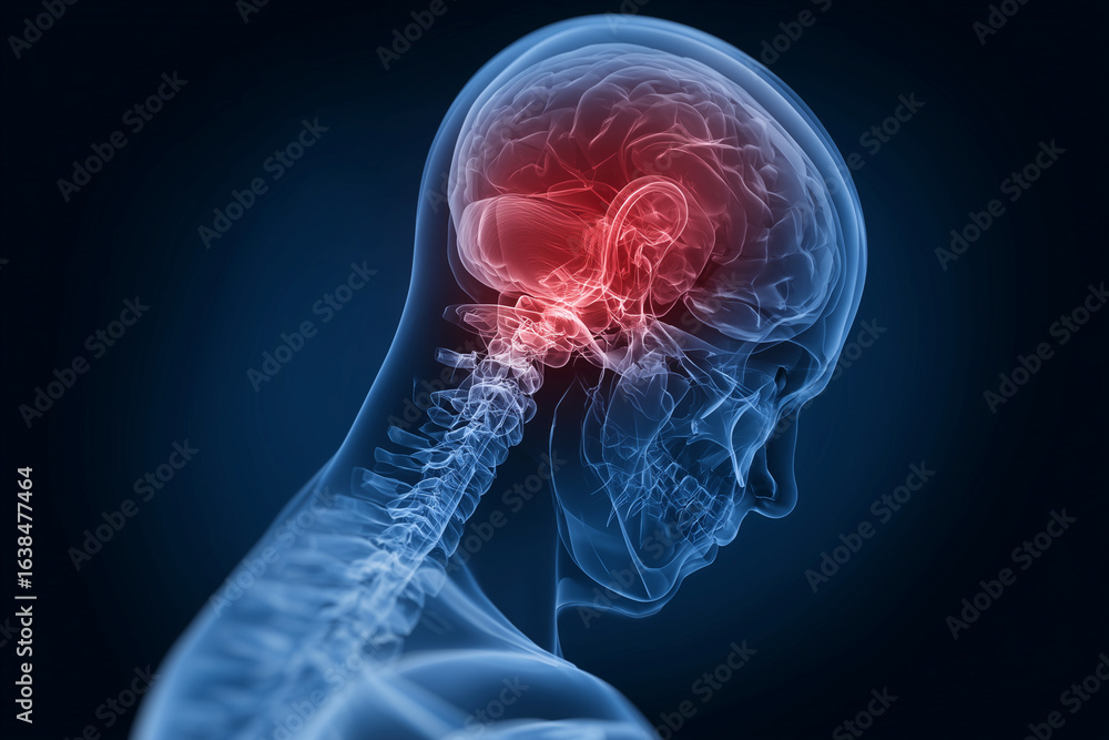 Poster a close up of a brain with a red spot on it