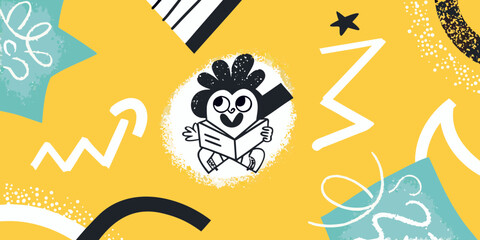 Joyful character reading a book amidst abstract shapes and colors