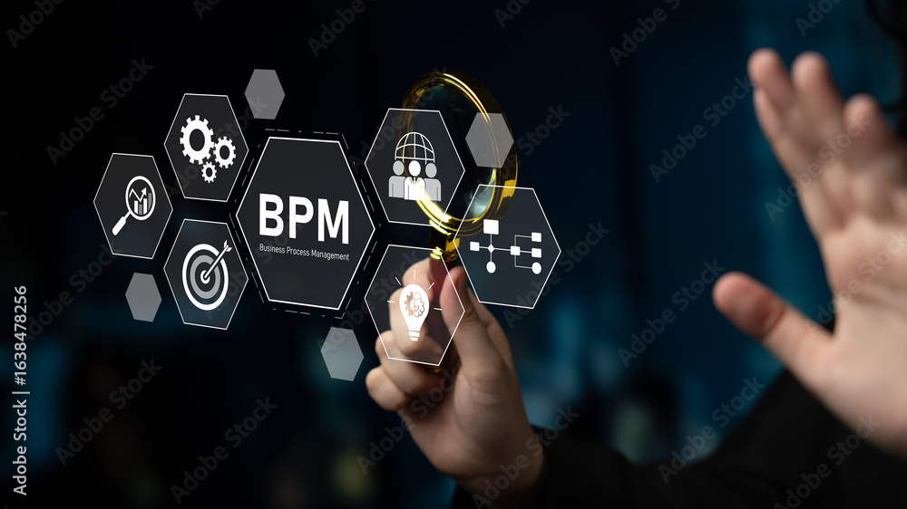 Poster business process management concept showing workflow analysis, process optimization, team collaborat