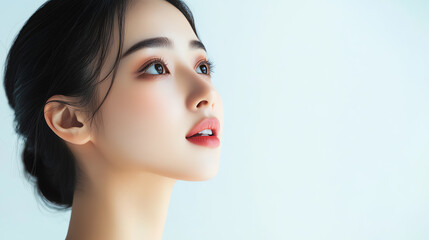Fototapeta premium Beautiful Asian woman, clean makeup, soft studio lighting, white background, smooth skin, elegant natural pose, highresolution photography style