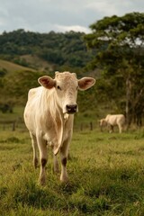 Cream-colored calf in a grassy field, two other cows visible