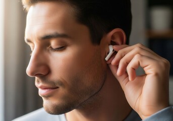 Man Inserting Wireless Earbud into Ear - Technology and Lifestyle
