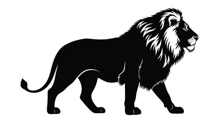 Majestic Lion Silhouette: A striking black silhouette of a proud lion, the king of the jungle, confidently walks in profile, conveying strength and dominance.