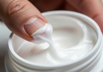 Finger dipping into white beauty cream container - skincare