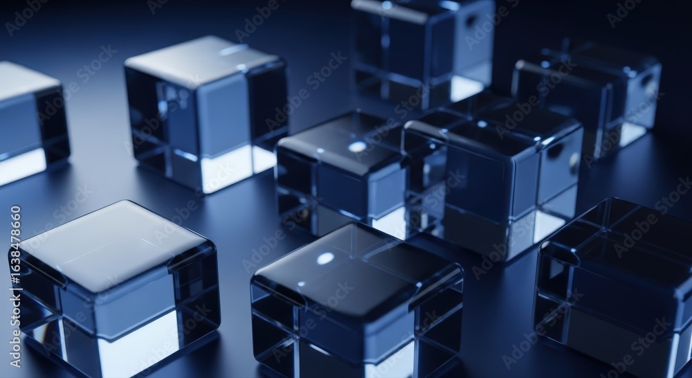 Poster a futuristic display of transparent cubes floating in a dim, tech-infused environment. these cubes, 