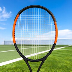 Tennis racket against a bright blue sky: sport and healthy lifestyle symbol