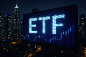 Bright digital billboard displaying "ETF" with stock market graph overlay, set against a nighttime city skyline with illuminated buildings.