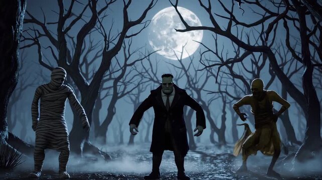 In a shadowy forest, iconic horror figures&mdash;Frankenstein, a mummy, and a creature&mdash;stand under a glowing full moon. The eerie backdrop heightens the chilling atmosphere. 