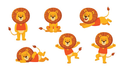 Playful Lion Poses: A vibrant illustration showcasing a collection of cute lion characters in various playful stances, radiating energy and charm. 
